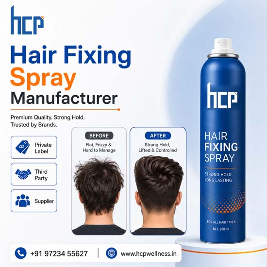 Hair Fixing Spray Manufacturer | Private Label & OEM Hair Spray Hair Fixing Spray Manufacturer by HCP Wellness with private label, OEM, third party hair spray manufacturing and before-after styling hold results