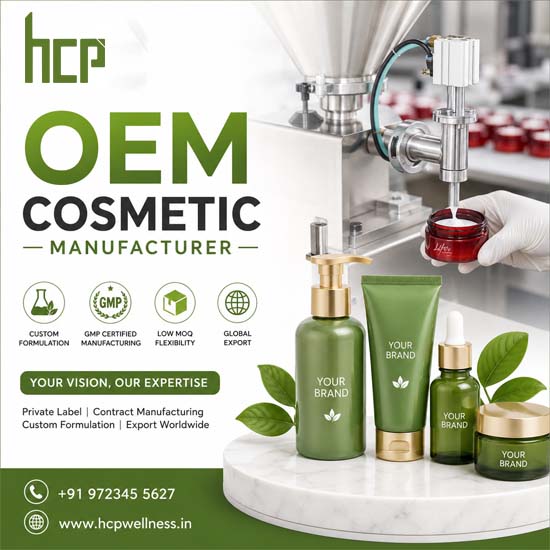 OEM Cosmetic Manufacturer in India by HCP Wellness offering private label cosmetic manufacturing and custom cosmetic formulation services.
