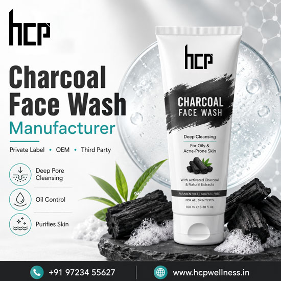 Charcoal Face Wash Manufacturer in India offering private label, OEM and third party face wash manufacturing by HCP Wellness.