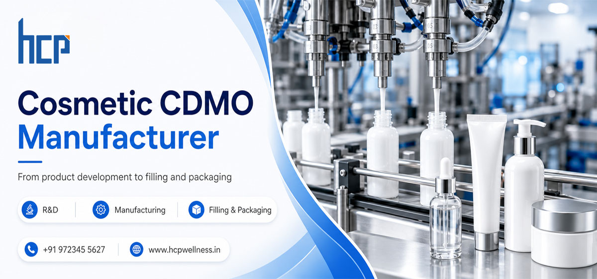 Cosmetic Contract Development and Manufacturing Organizations CDMO by HCP Wellness with cosmetic bottle filling, R&D, manufacturing, and packaging services
