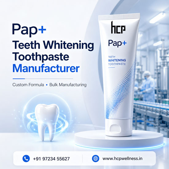 Pap+ Teeth Whitening Toothpaste Manufacturer in India Pap+ teeth whitening toothpaste manufacturer in India by HCP Wellness for private label, OEM and third party oral care brands