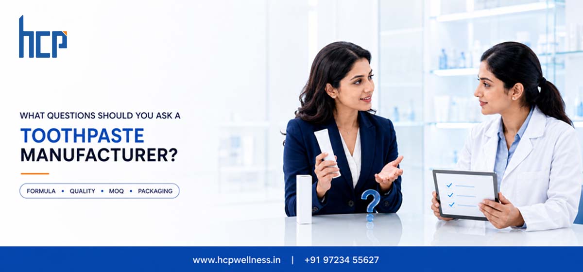 Brand owner discussing formulation, quality, packaging and bulk production questions with a toothpaste manufacturer in India