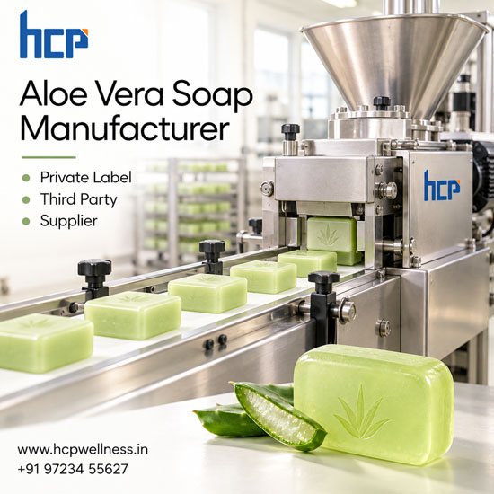 Aloe Vera Soap Manufacturer in India | HCP Wellness Aloe vera soap bars with fresh aloe leaves and HCP Wellness private label soap manufacturer branding.