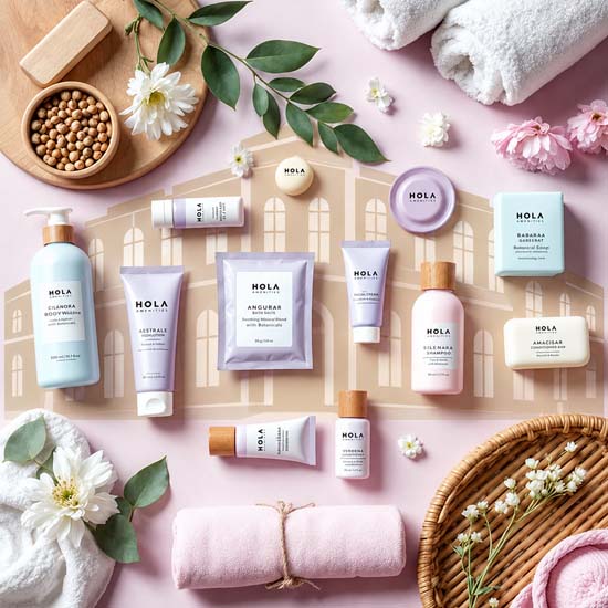 HOLA hotel toiletries from bulk hotel toiletries suppliers in India for hotels, resorts and private label amenity kits