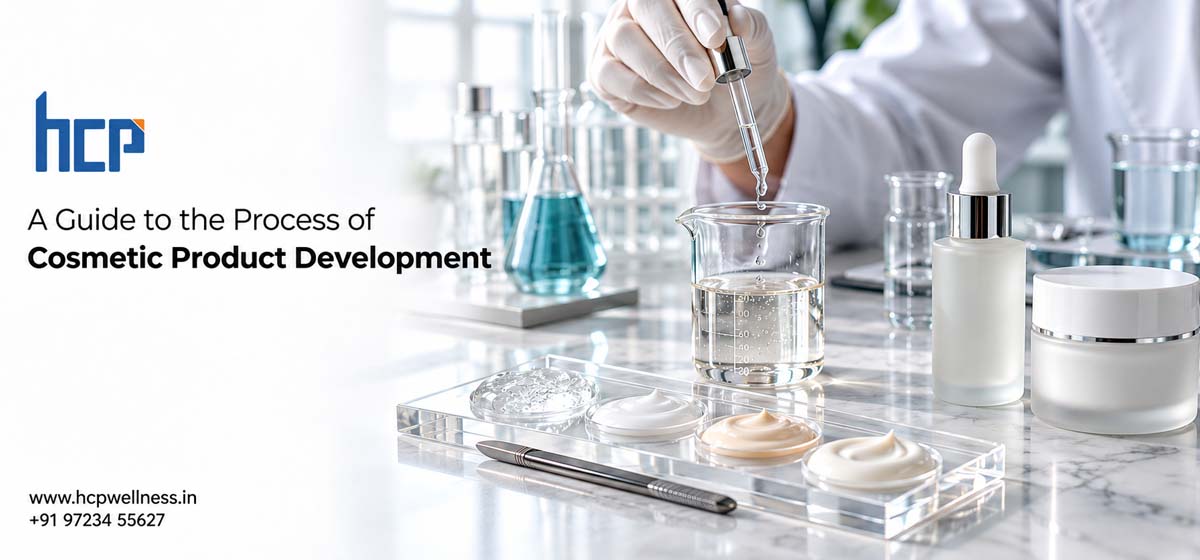 Cosmetic product development process with formulation samples and packaging review at HCP Wellness