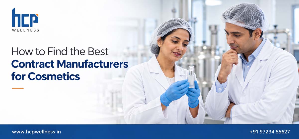 Cosmetic filling line with skincare bottles, illustrating HCP Wellness contract manufacturing and private label cosmetics.