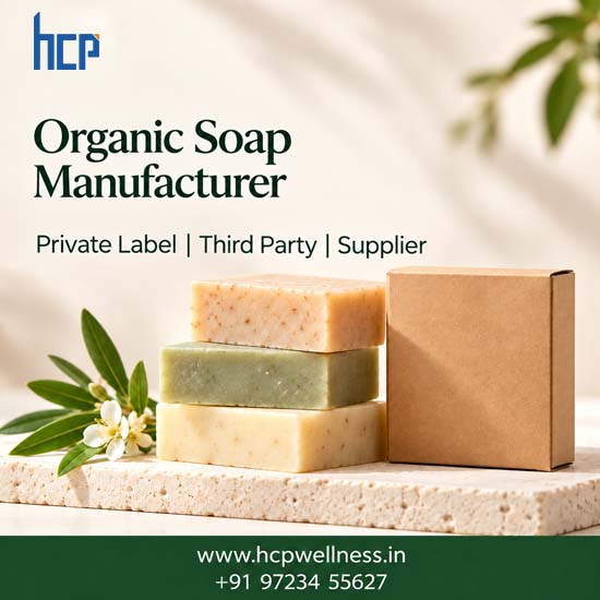 Organic Soap Manufacturer in India | HCP Wellness Natural soap bars with green leaves and HCP Wellness organic soap manufacturer branding.